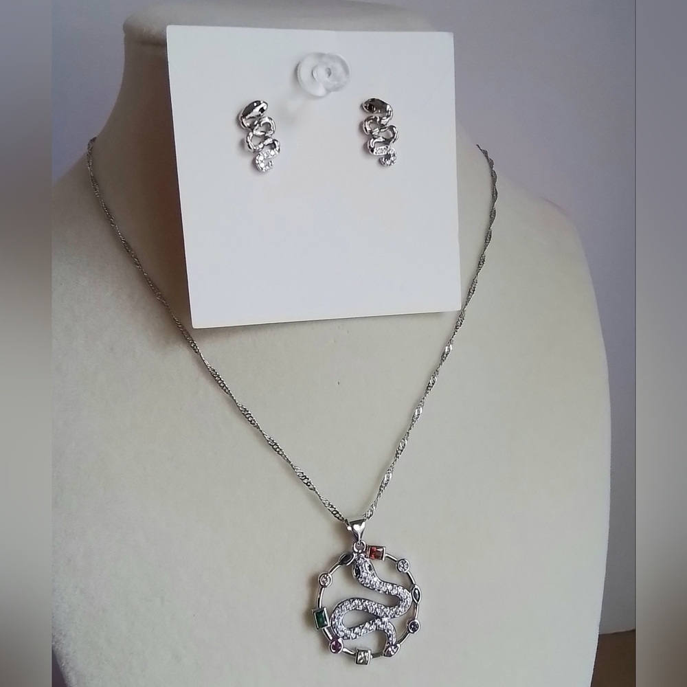 White Gold Plated Snake Necklace and Earring Set